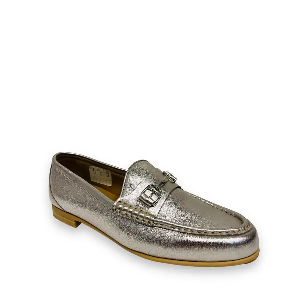 BALLY Silver Metallic Leather Manoela Buckle Accent Slip-On Loafers Flats 37 -7 - Picture 6 of 11